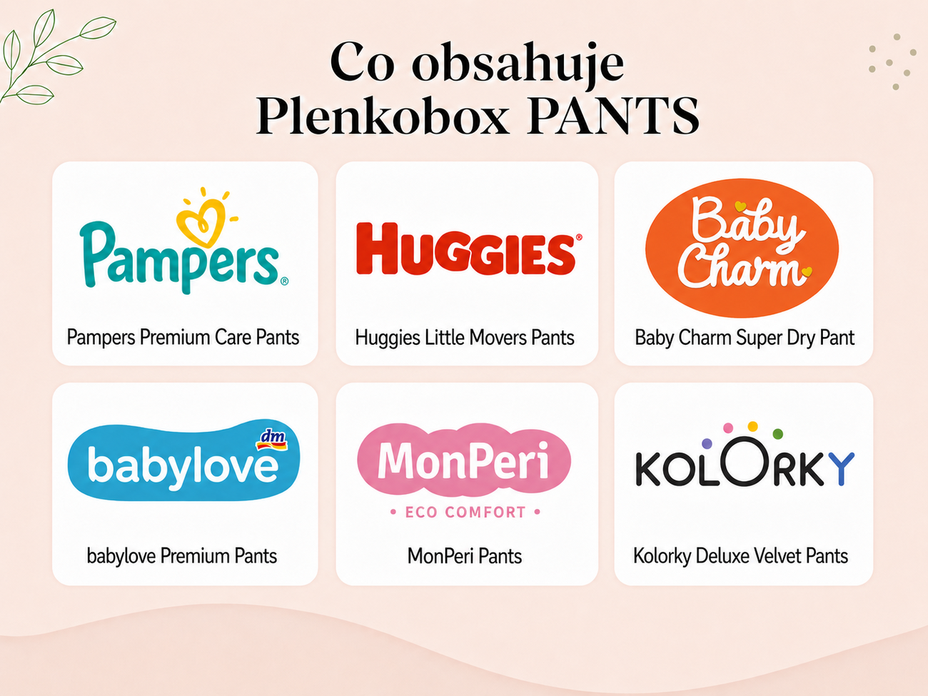 Co obsahuje Plenkobox PANTS – 6 značek kalhotkových plenek